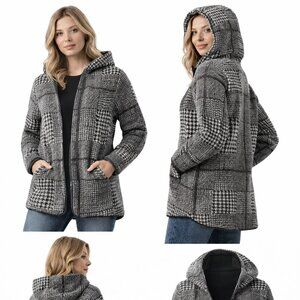 Hooded Houndstooth Plaid Cardigan Jacket Open Front Women’s Coatigan